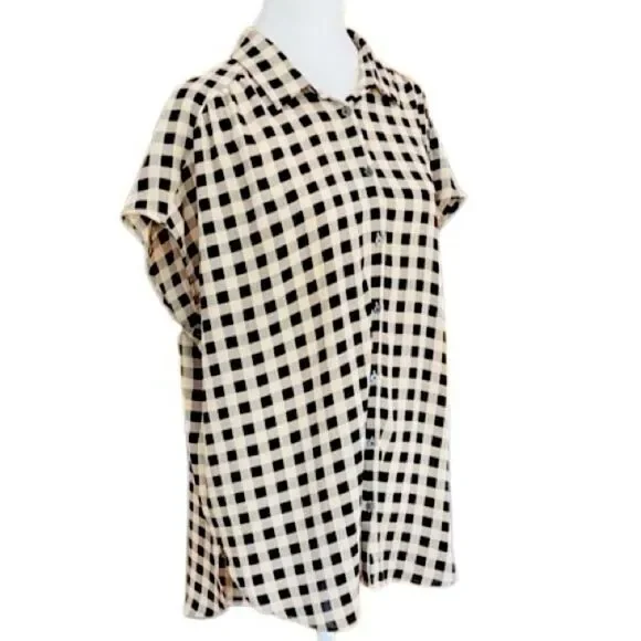 LOFT Outlet Button front Black and Tan Check Camp style Blouse size L - Picture 5 of 6